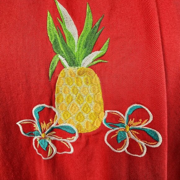70s Blair Red Cotton Smock Dress Pineapple Embroider Hand Pockets Short Sleeve M - Picture 2 of 7